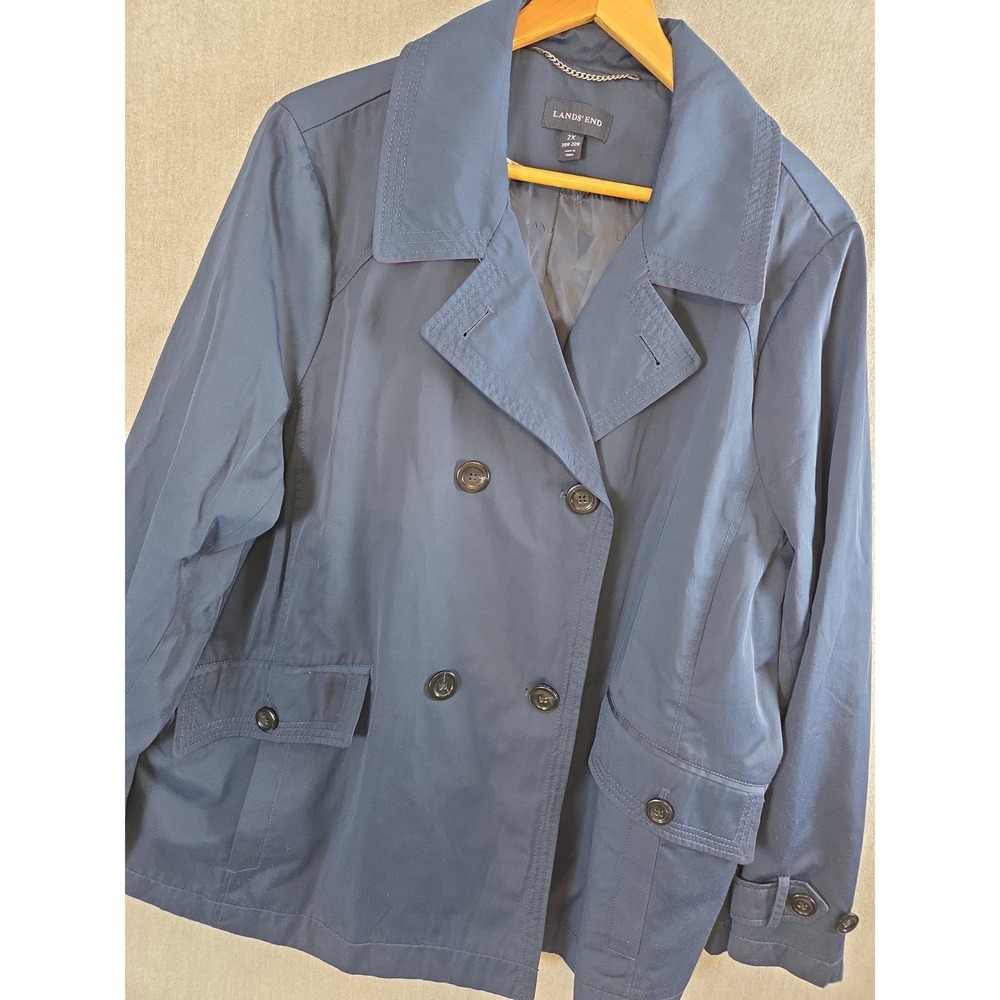 Lands End 2X 20-22 double breasted short Rain Jacket Short Trench Coat pockets